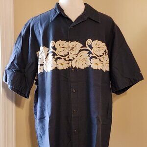 Billibong XL Button Up Short Sleeve Navy Blue with White Leaves Shirt Surf Skate
